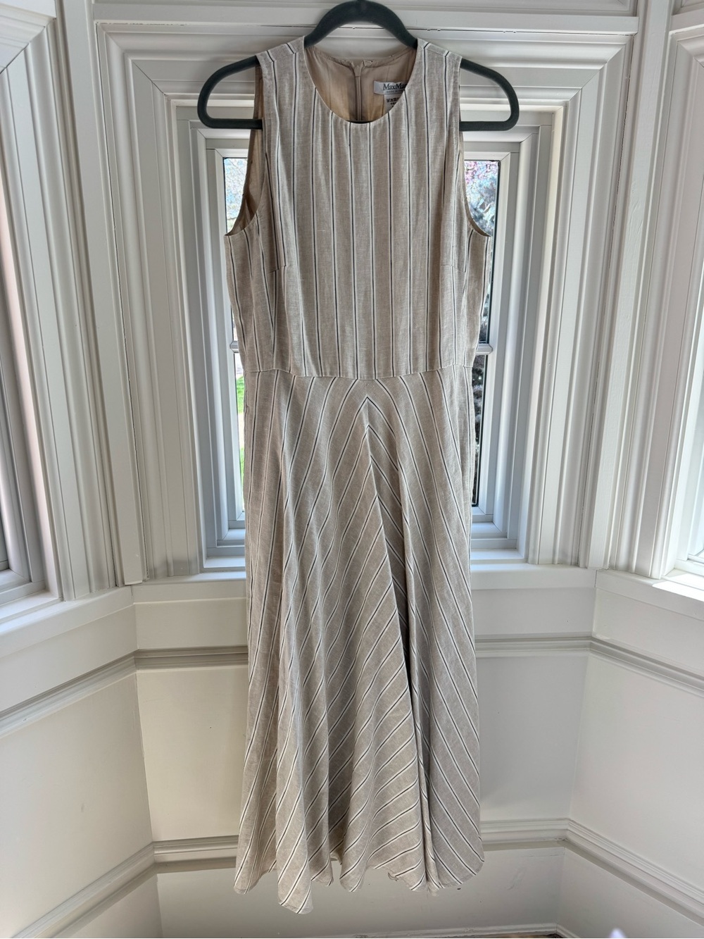 MaxMara Sleeveless Striped Midi Dress in Taupe and White